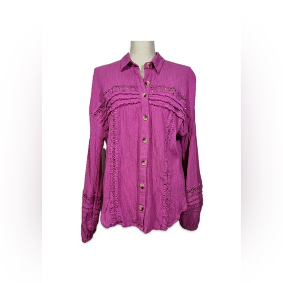 Free People Summer Stars Button Front Shirt Women’s Size XL Pink Boho Electra - Picture 2 of 8